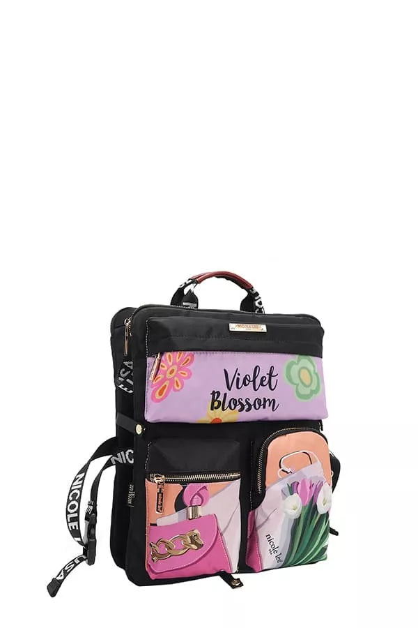Wanderlust Tales Backpack – Nicole Lee USA design featuring pastel violet and pink floral graphics with whimsical charm.