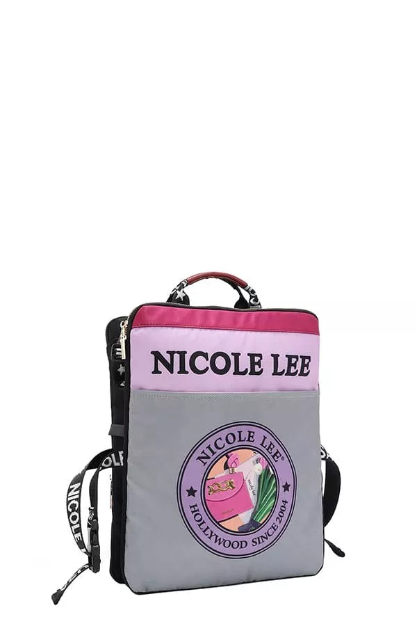 Wanderlust Tales Backpack – Nicole Lee USA design featuring pastel violet and pink floral graphics with whimsical charm.
