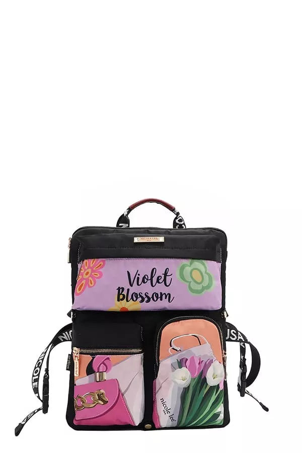 Wanderlust Tales Backpack – Nicole Lee USA design featuring pastel violet and pink floral graphics with whimsical charm.