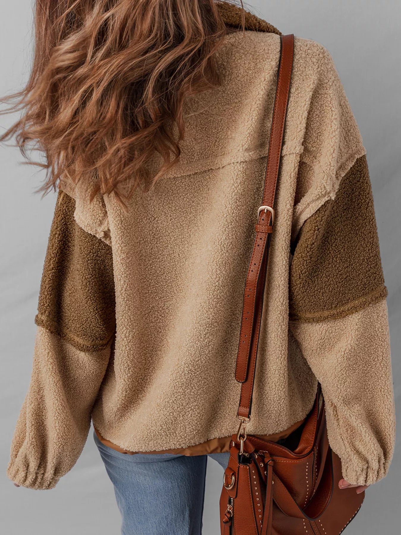 Colorblock sherpa pullover with buttoned neckline