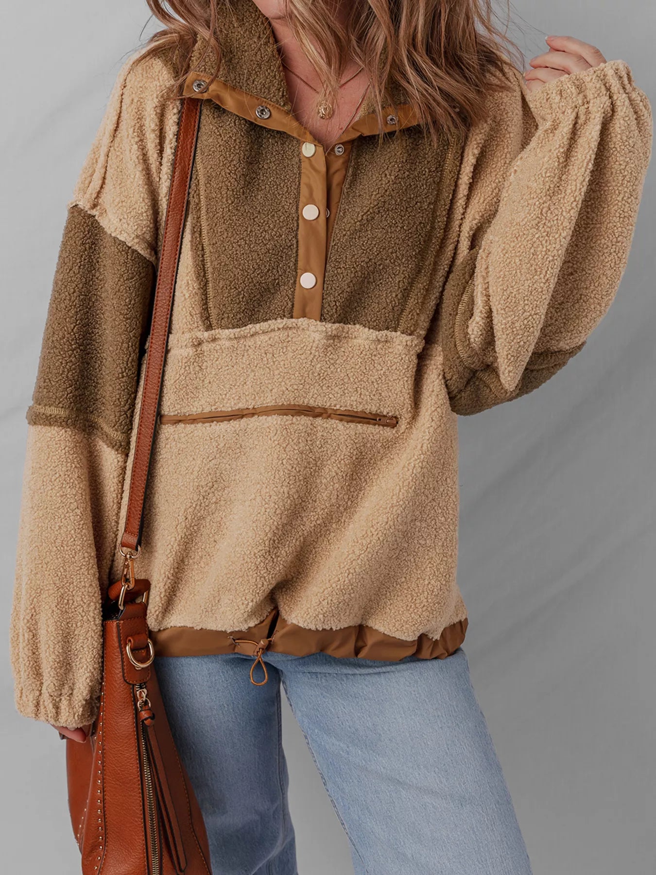 Colorblock sherpa pullover with buttoned neckline