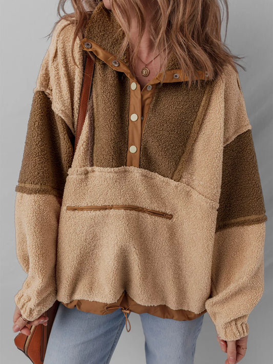 Colorblock sherpa pullover with buttoned neckline