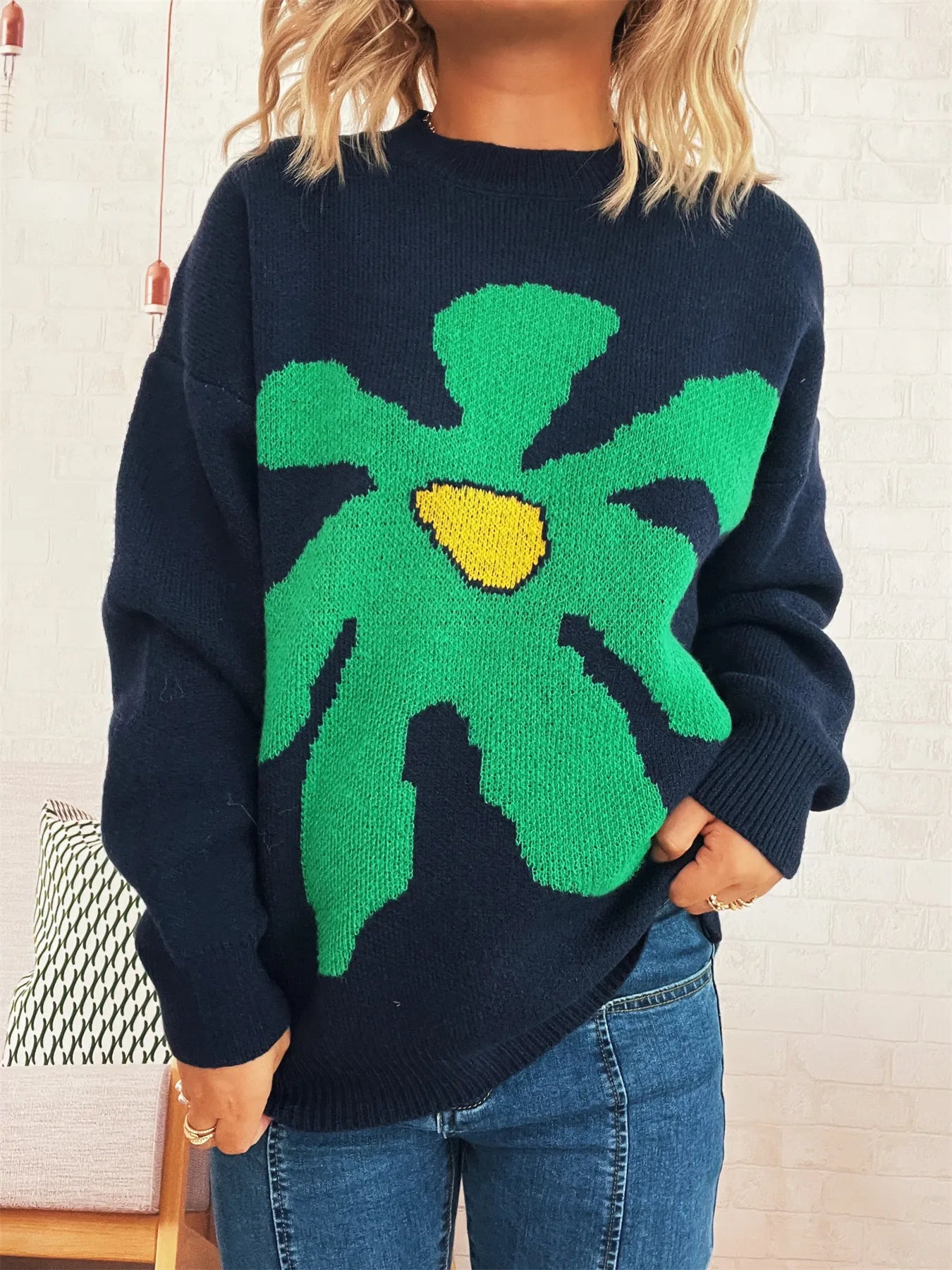 Dark blue oversized sweater with trippy daisy flower design – Wavy Daisy style from A Whimsical Affair.