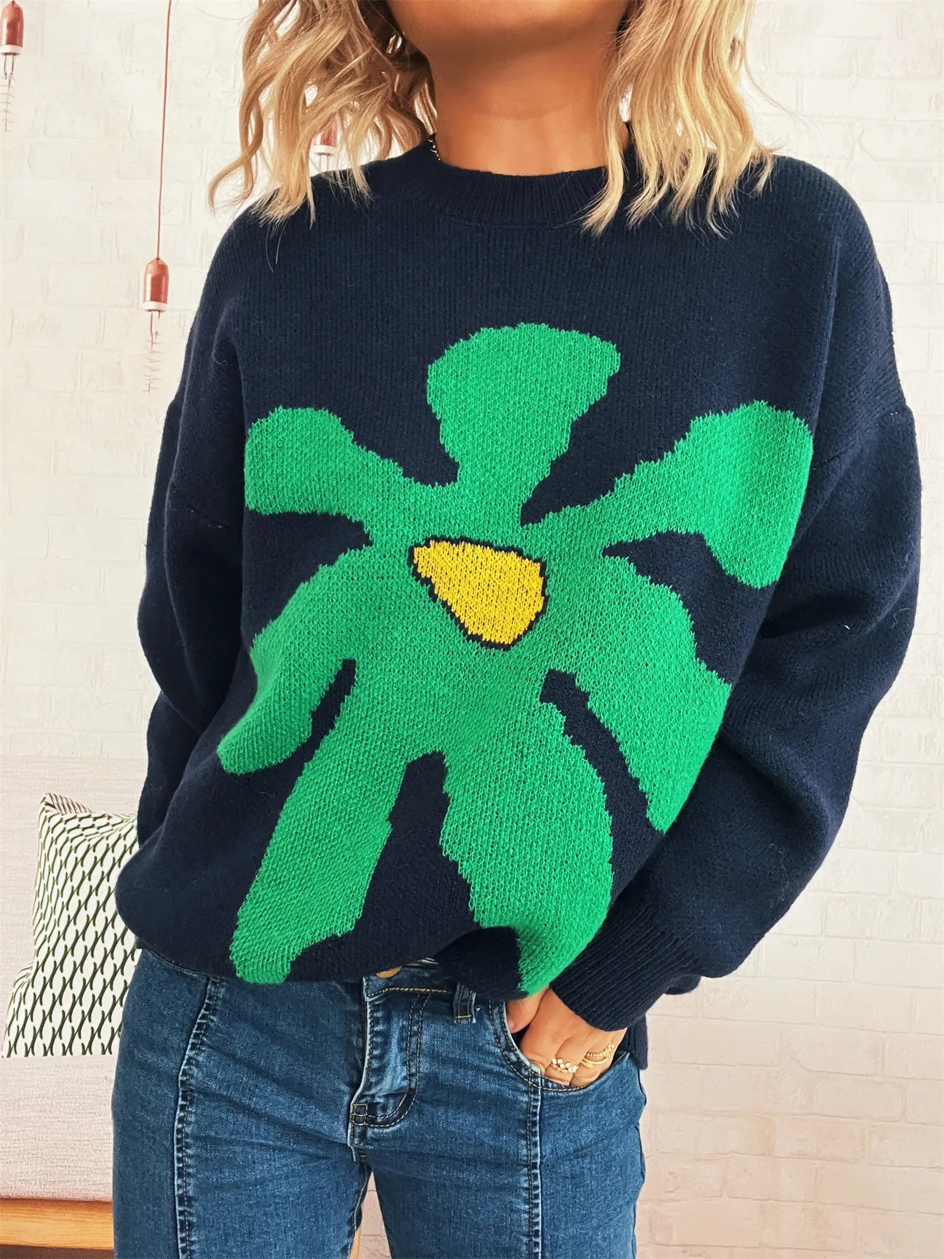 Dark blue oversized sweater with trippy daisy flower design – Wavy Daisy style from A Whimsical Affair.