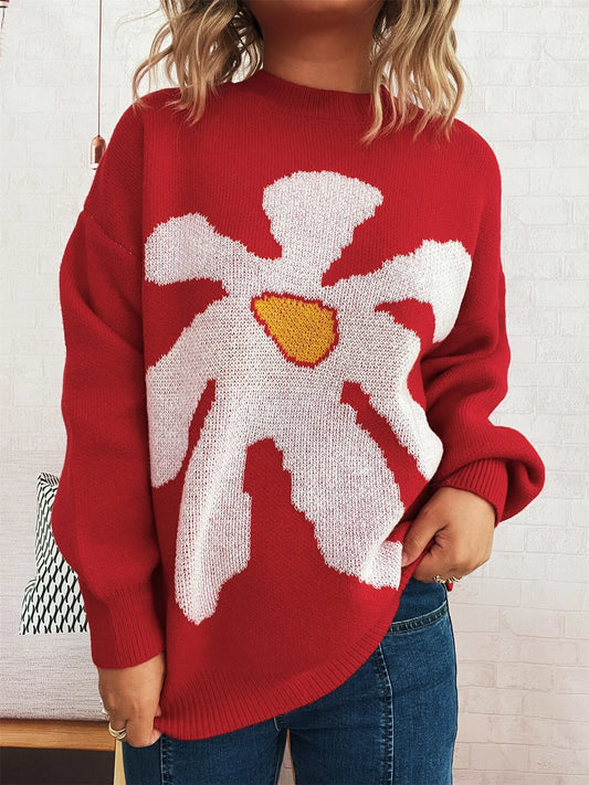 Red oversized sweater with trippy daisy flower design – Wavy Daisy style from A Whimsical Affair.