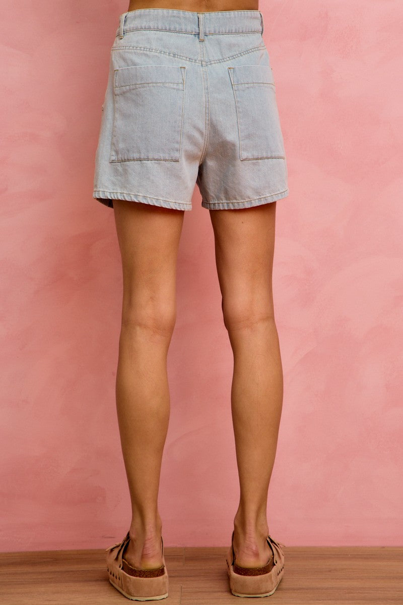 Women’s mid rise denim shorts with adjustable drawstring and pockets
