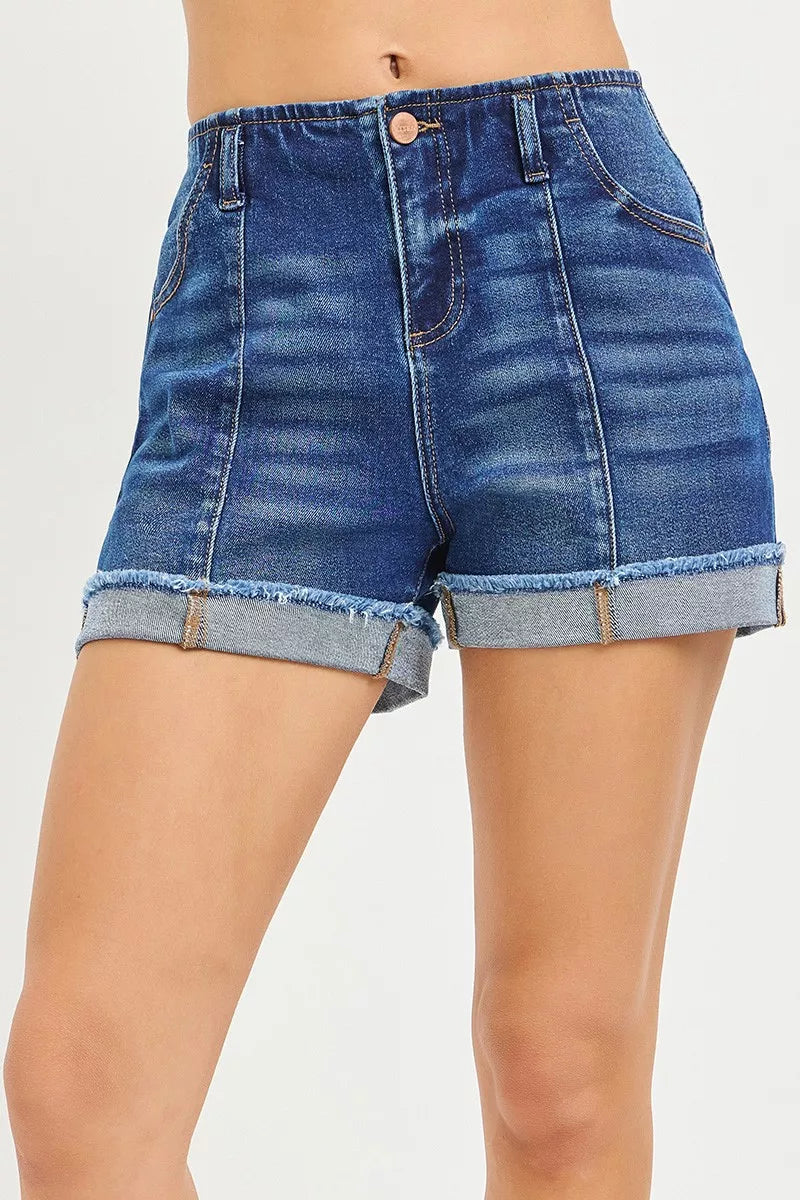 Classic blue denim shorts with a cuffed raw hem, pockets, button closure, and slightly stretchy relaxed fit.