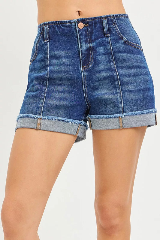 Classic blue denim shorts with a cuffed raw hem, pockets, button closure, and slightly stretchy relaxed fit.