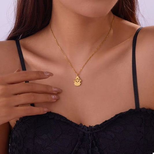 Whimsical Spirit Ghost Necklace – 18K gold-plated pendant with smiling ghost in a witch hat.