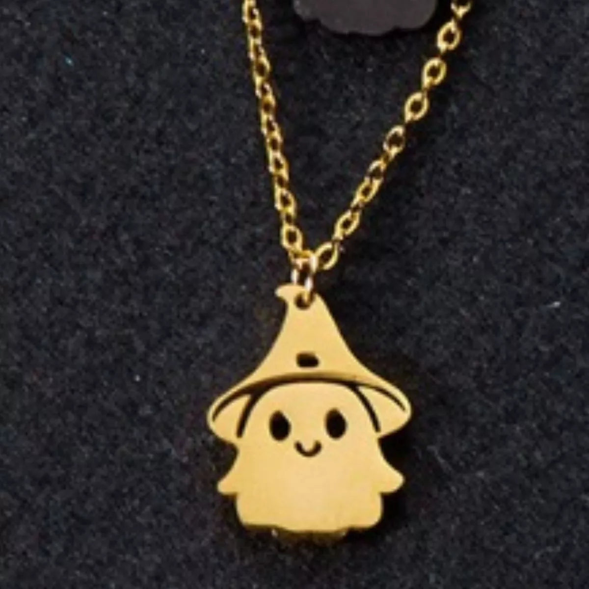 Whimsical Spirit Ghost Necklace – 18K gold-plated pendant with smiling ghost in a witch hat.