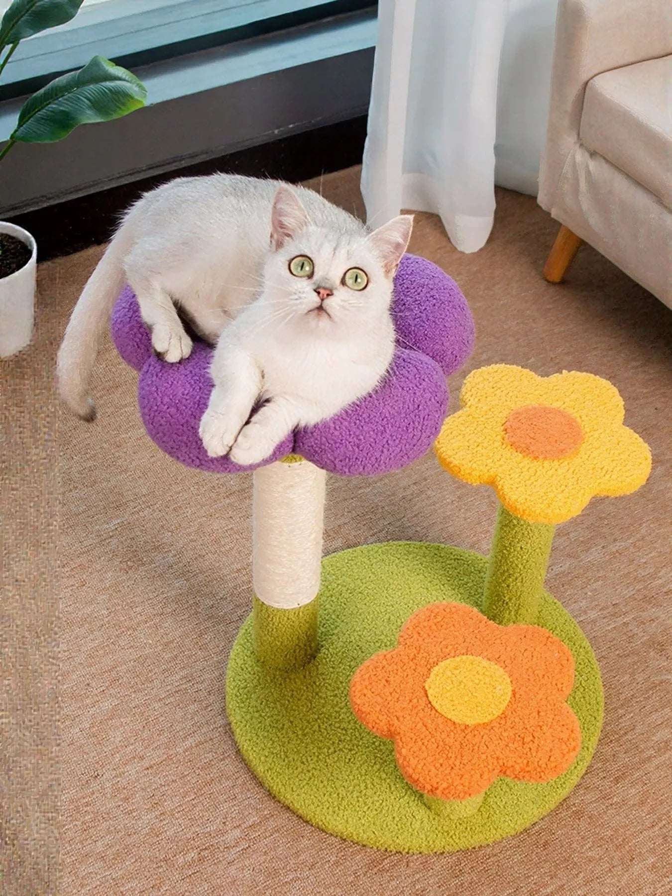 White cat lounging on colorful flower-shaped cat perch with scratching post