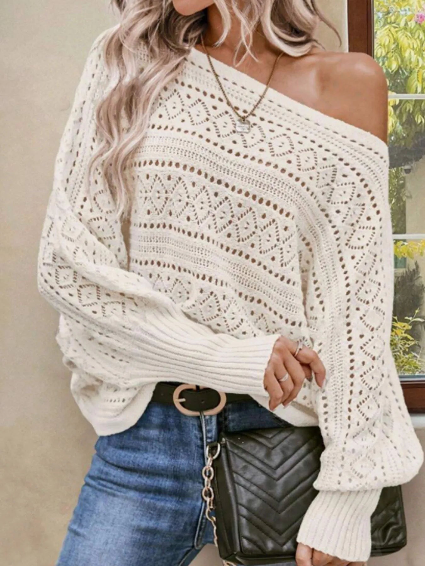 Whisper Lace Sweater – openwork boat neck knit with lantern sleeves in beige.