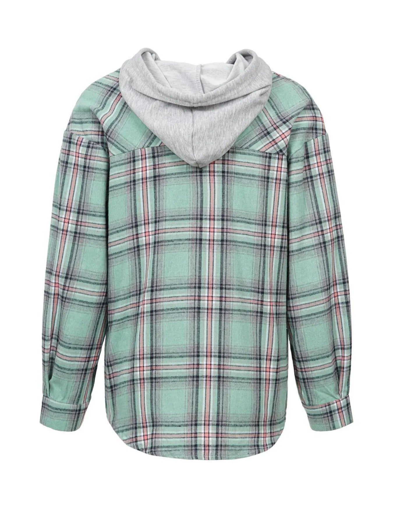 A green plaid flannel hoodie shirt with buttoned front and relaxed fit, perfect for cozy fall layering.