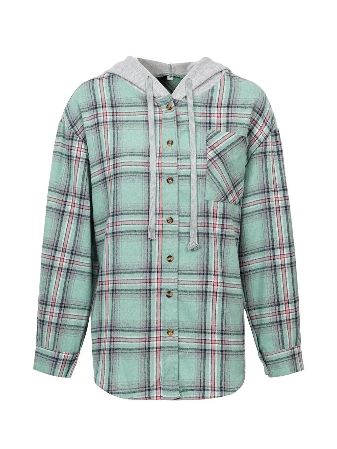 Model wearing a green plaid flannel hoodie shirt with buttoned front and relaxed fit, perfect for cozy fall layering.