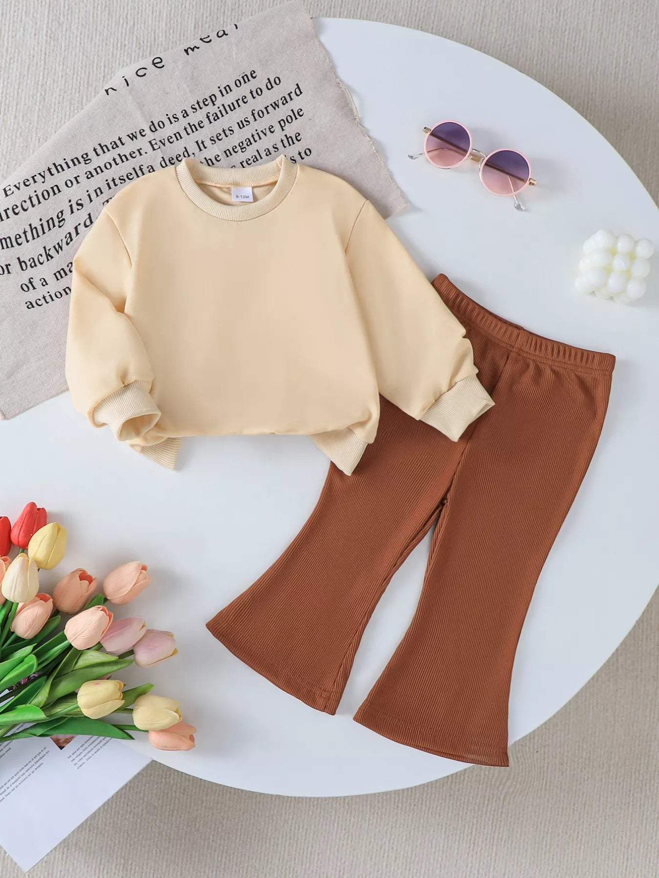 toddler halloween outfit with wicked cute pumpkin ghost sweatshirt and brown ribbed bell-bottom pants two-piece set