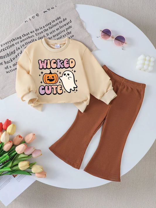 toddler halloween outfit with wicked cute pumpkin ghost sweatshirt and brown ribbed bell-bottom pants two-piece set