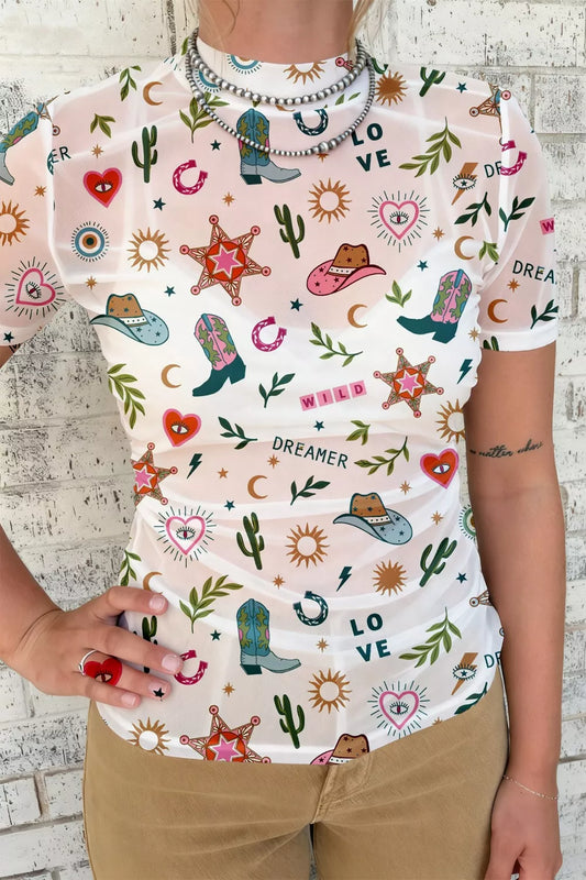 Sheer mesh western print top with cowgirl boots and cactus pattern