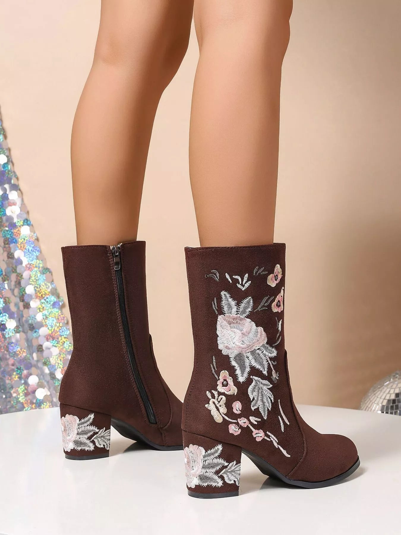 Wildflower Embroidered Boots – brown block heel boots with floral embroidery.