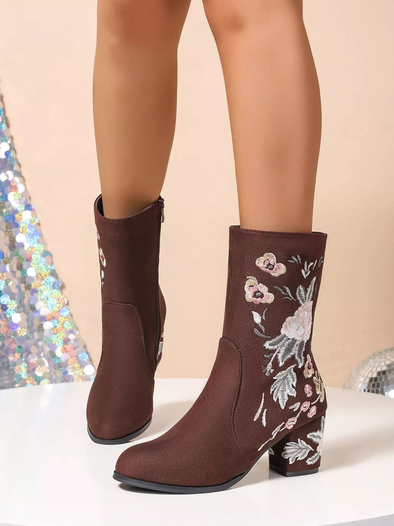 Wildflower Embroidered Boots – brown block heel boots with floral embroidery.