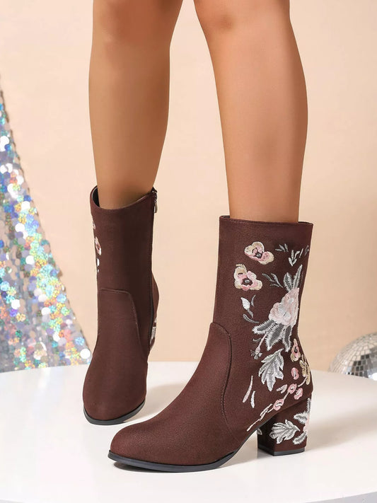 Wildflower Embroidered Boots – brown block heel boots with floral embroidery.