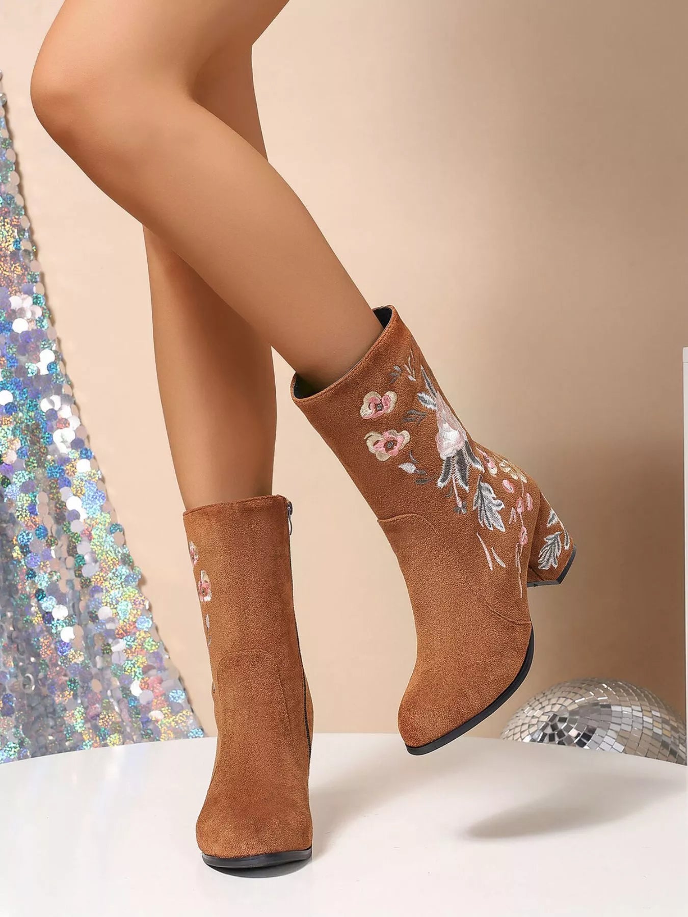 Wildflower Embroidered Boots – khaki block heel boots with floral embroidery.