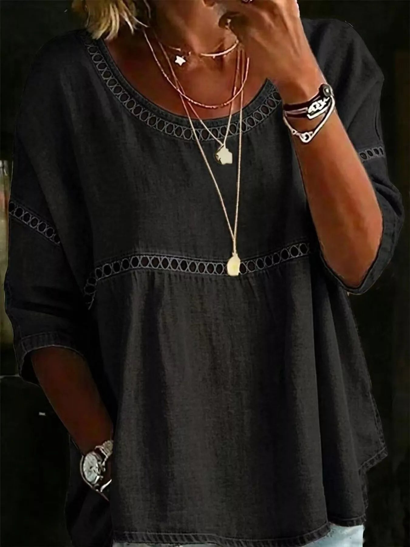 Flowy boho blouse with lace detail, relaxed fit, three-quarter sleeves, lightweight woven fabric, and vintage-inspired styling.