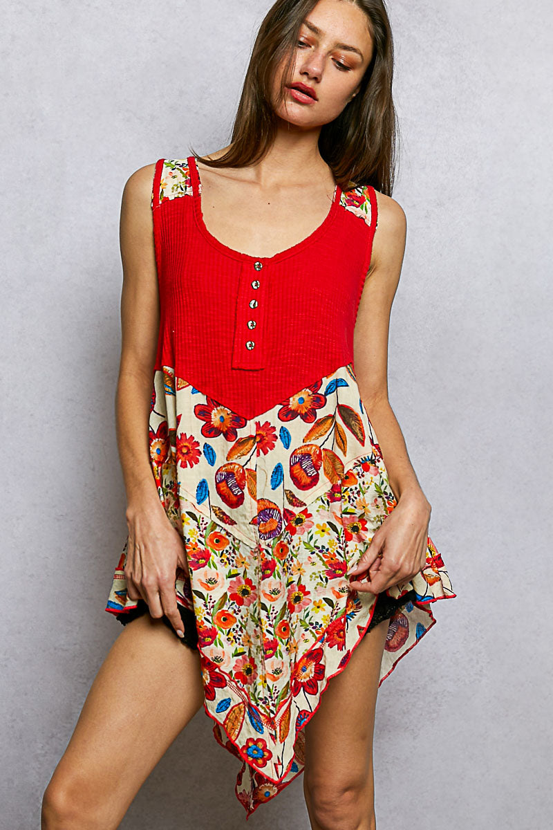 red boho patchwork floral tank top with asymmetrical hem