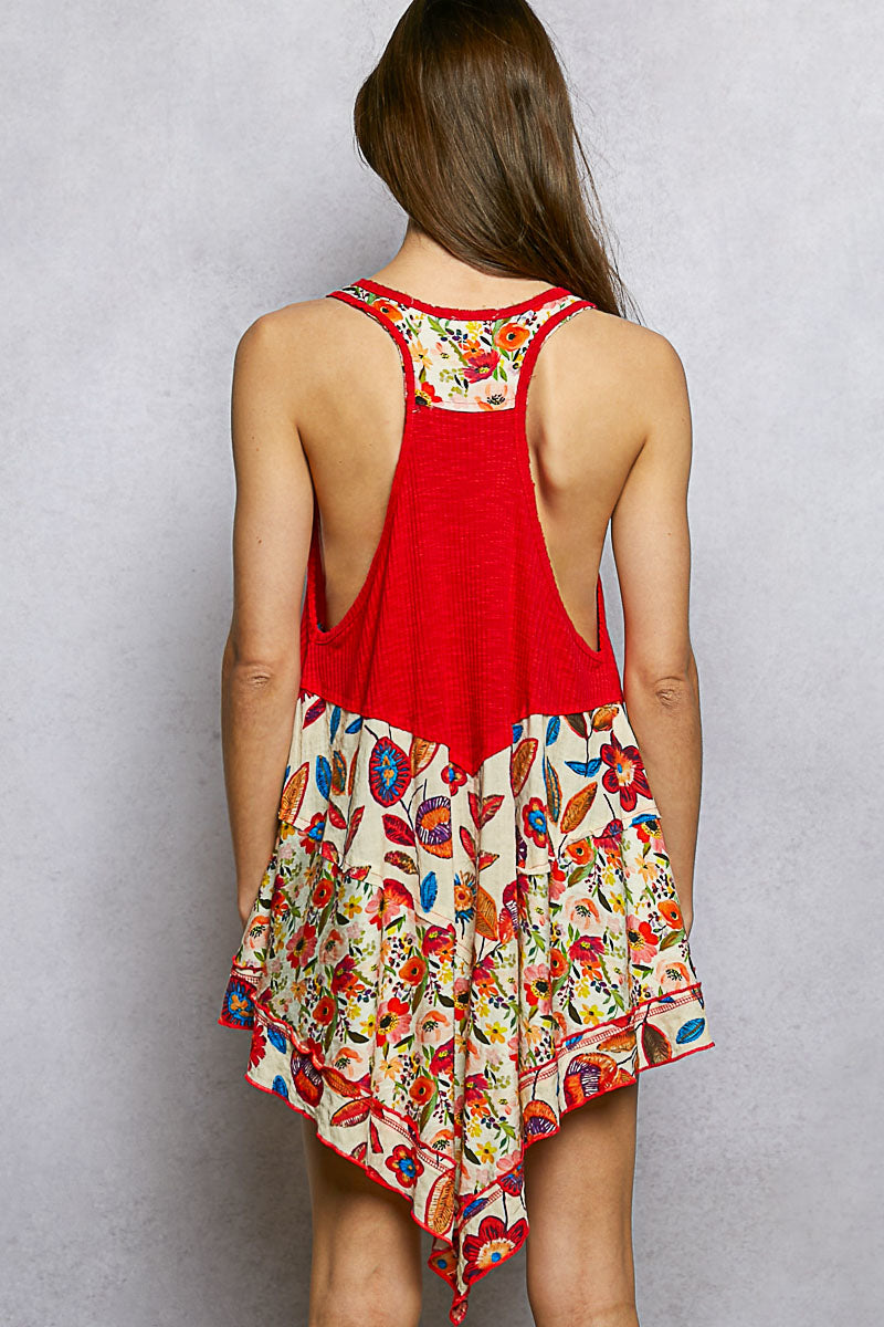 red boho patchwork floral tank top with asymmetrical hem