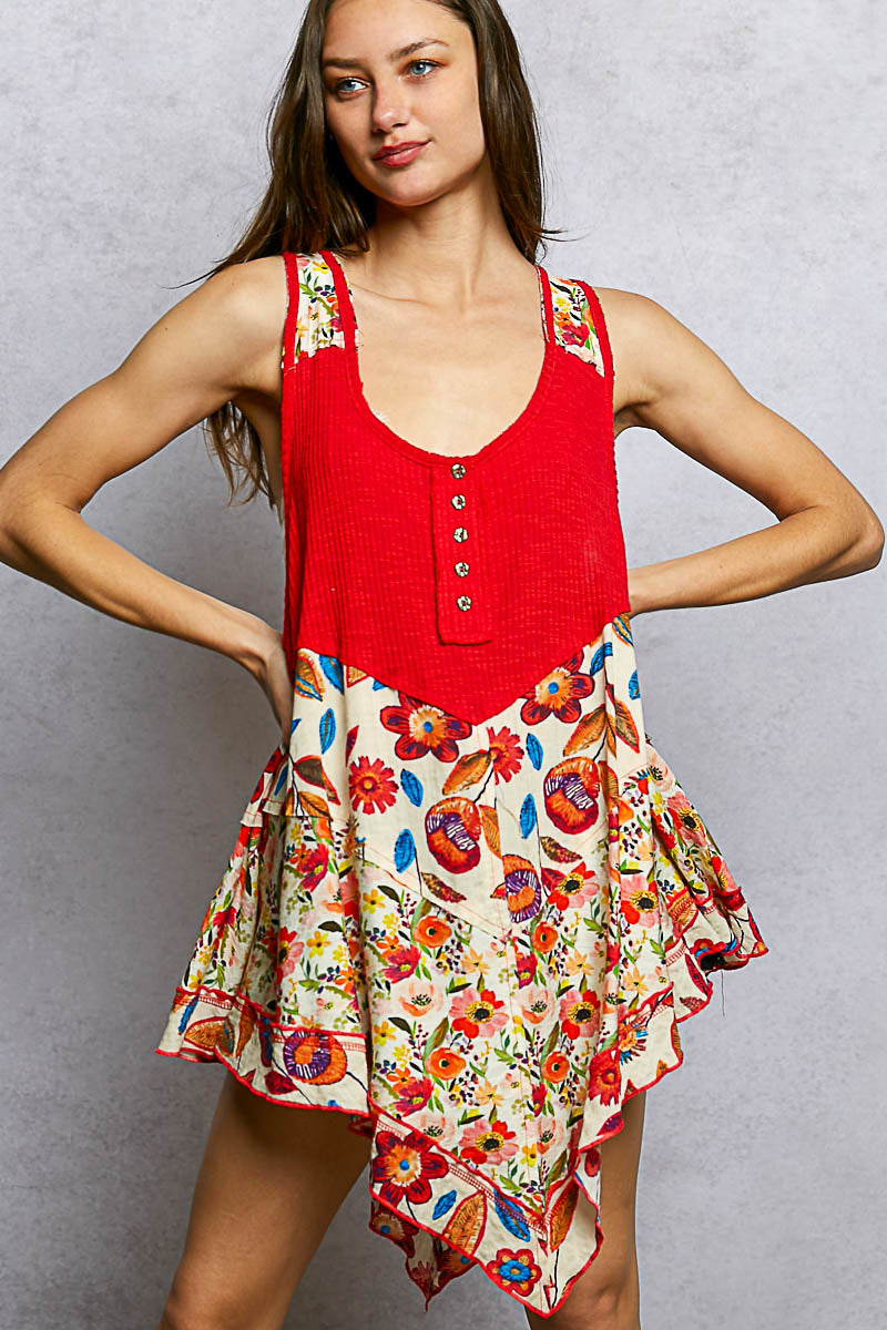 red boho patchwork floral tank top with asymmetrical hem