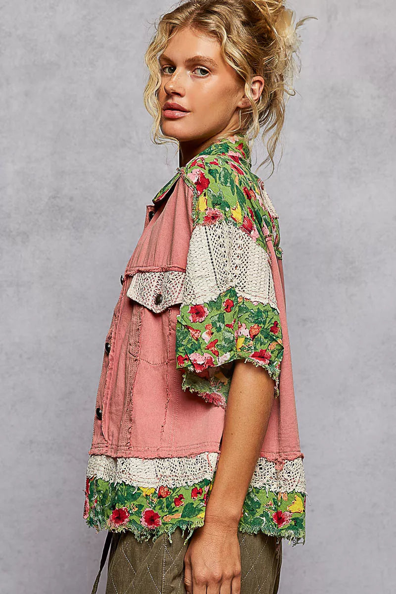 Oversized patchwork shacket with denim, floral print, and crochet lace sleeves – Wildflower Patchwork style from A Whimsical Affair.