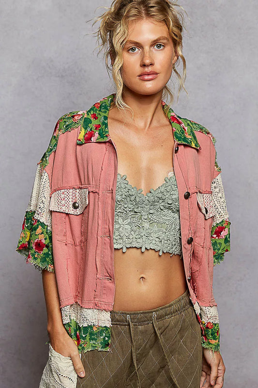 Oversized patchwork shacket with denim, floral print, and crochet lace sleeves – Wildflower Patchwork style from A Whimsical Affair.