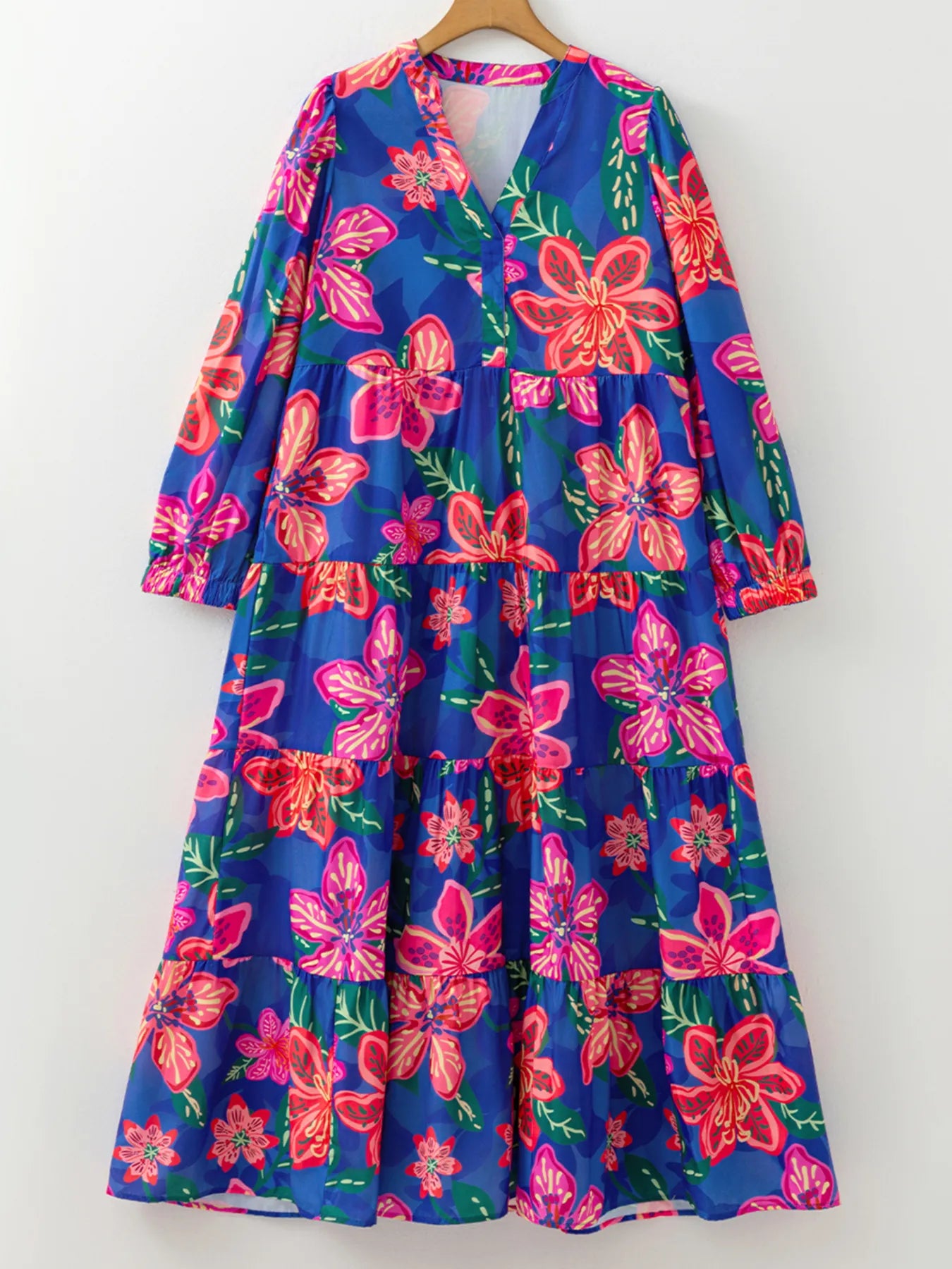 Boho floral tiered dress with V-neck and 3/4 sleeves – Wildflower Waltz style from A Whimsical Affair.