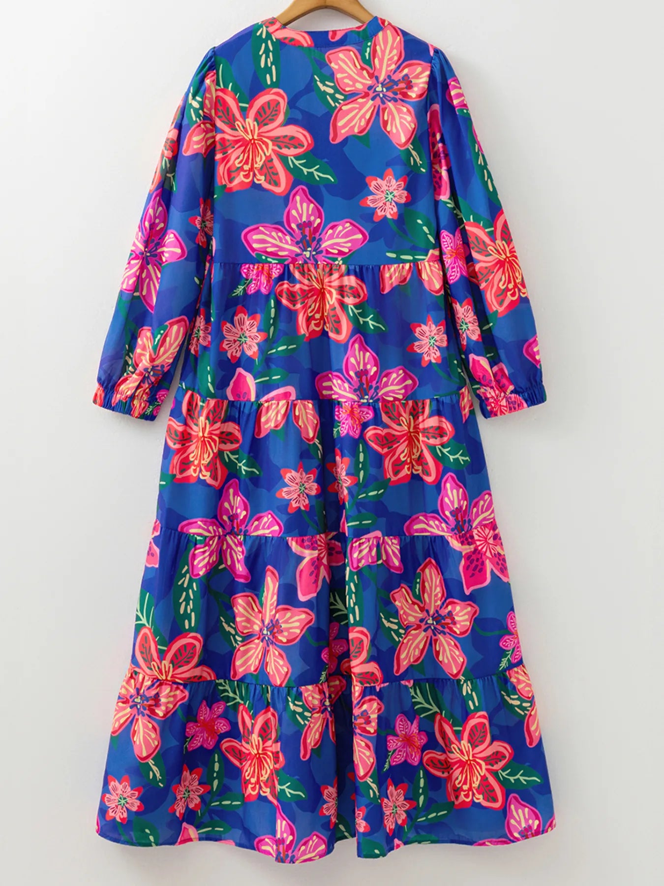 Boho floral tiered dress with V-neck and 3/4 sleeves – Wildflower Waltz style from A Whimsical Affair.