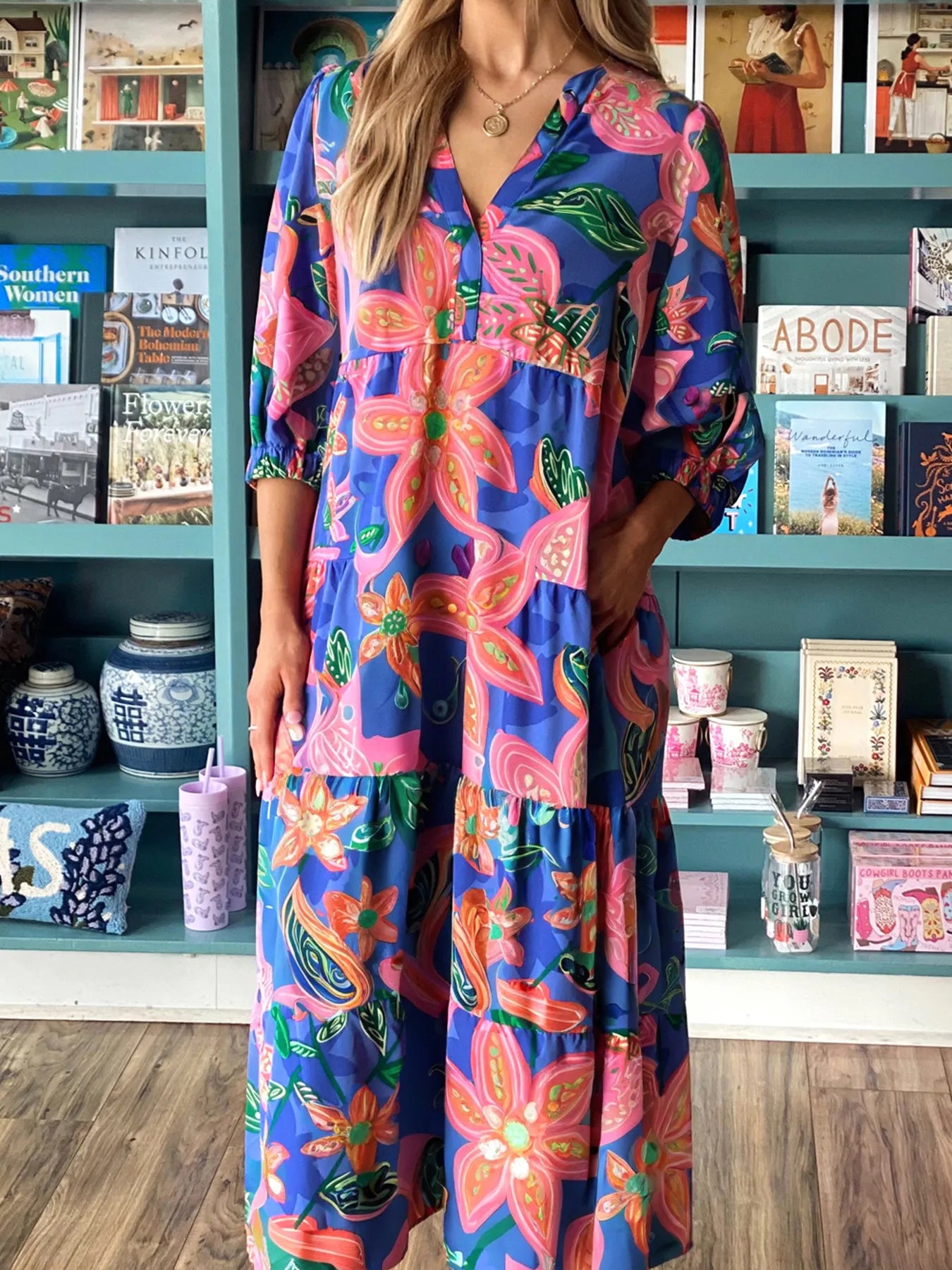 Boho floral tiered dress with V-neck and 3/4 sleeves – Wildflower Waltz style from A Whimsical Affair.