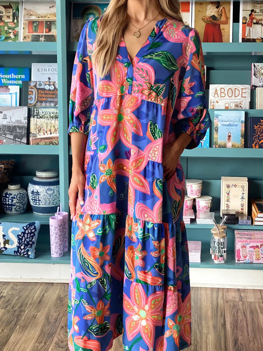 Boho floral tiered dress with V-neck and 3/4 sleeves – Wildflower Waltz style from A Whimsical Affair.