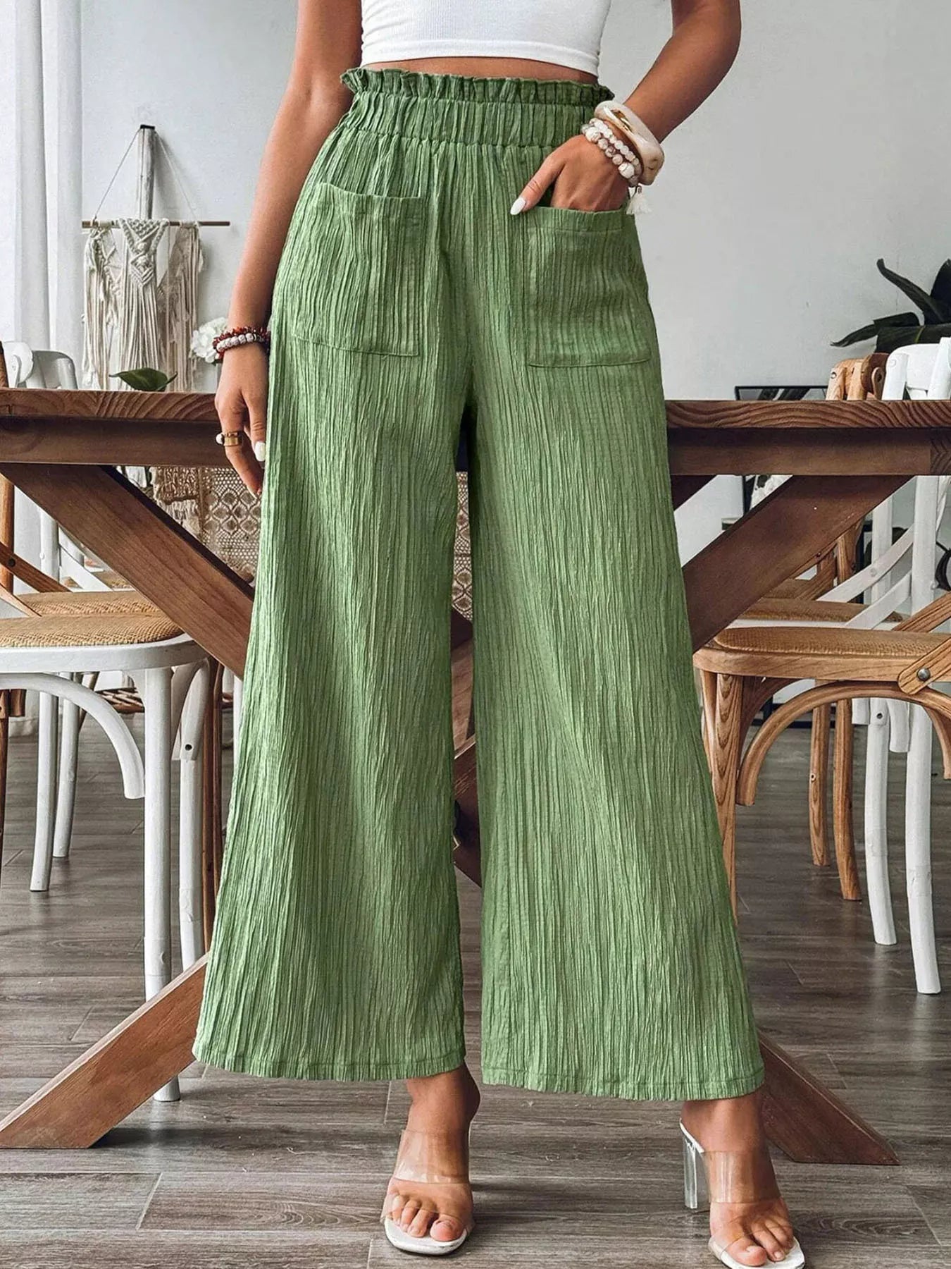 crinkle-textured wide-leg pants with ruched frill waistband and front pockets