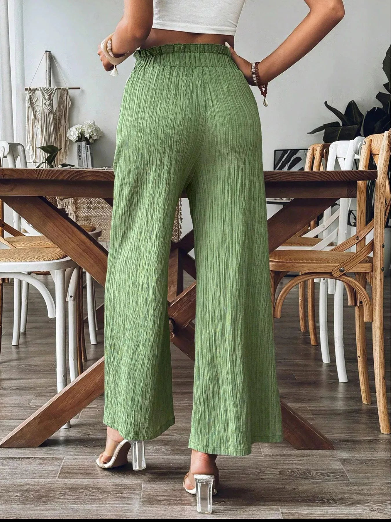 crinkle-textured wide-leg pants with ruched frill waistband and front pockets