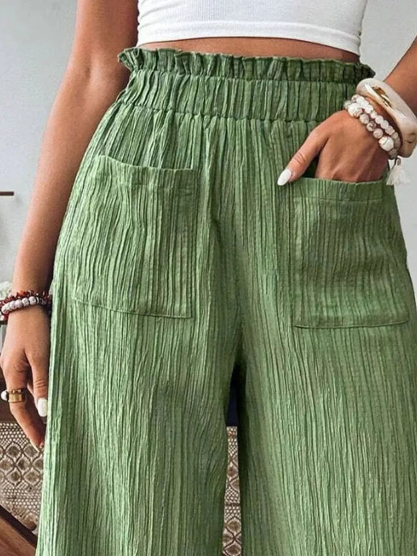 crinkle-textured wide-leg pants with ruched frill waistband and front pockets