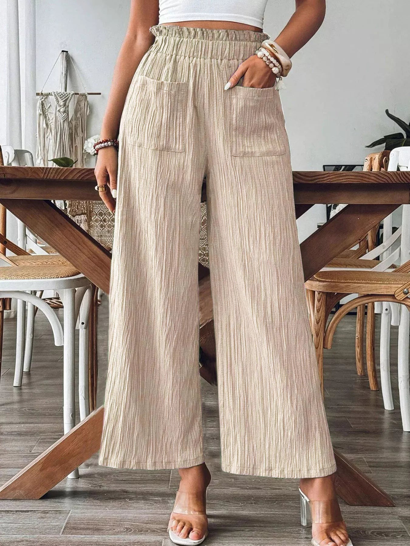 crinkle-textured wide-leg pants with ruched frill waistband and front pockets