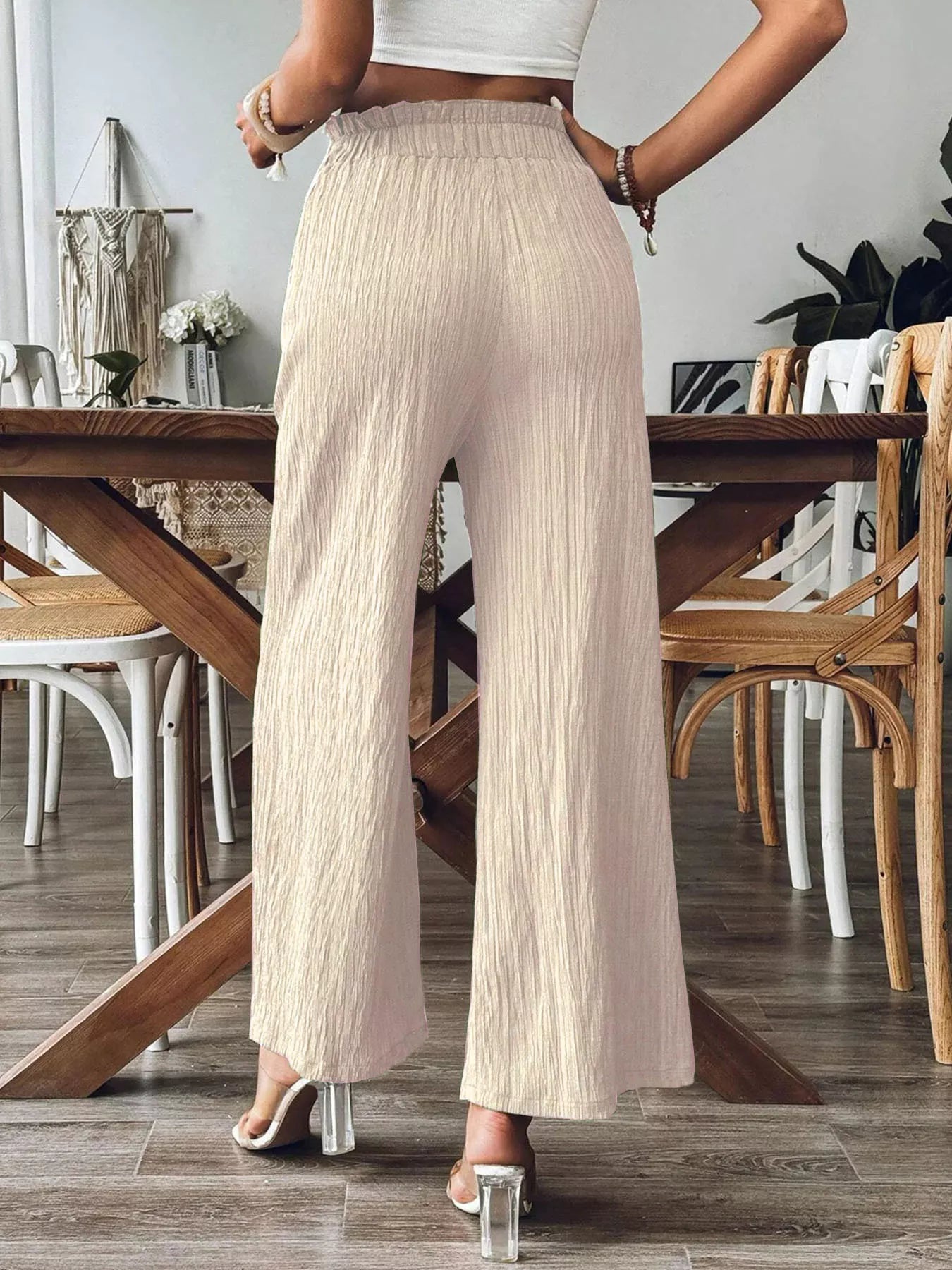 crinkle-textured wide-leg pants with ruched frill waistband and front pockets