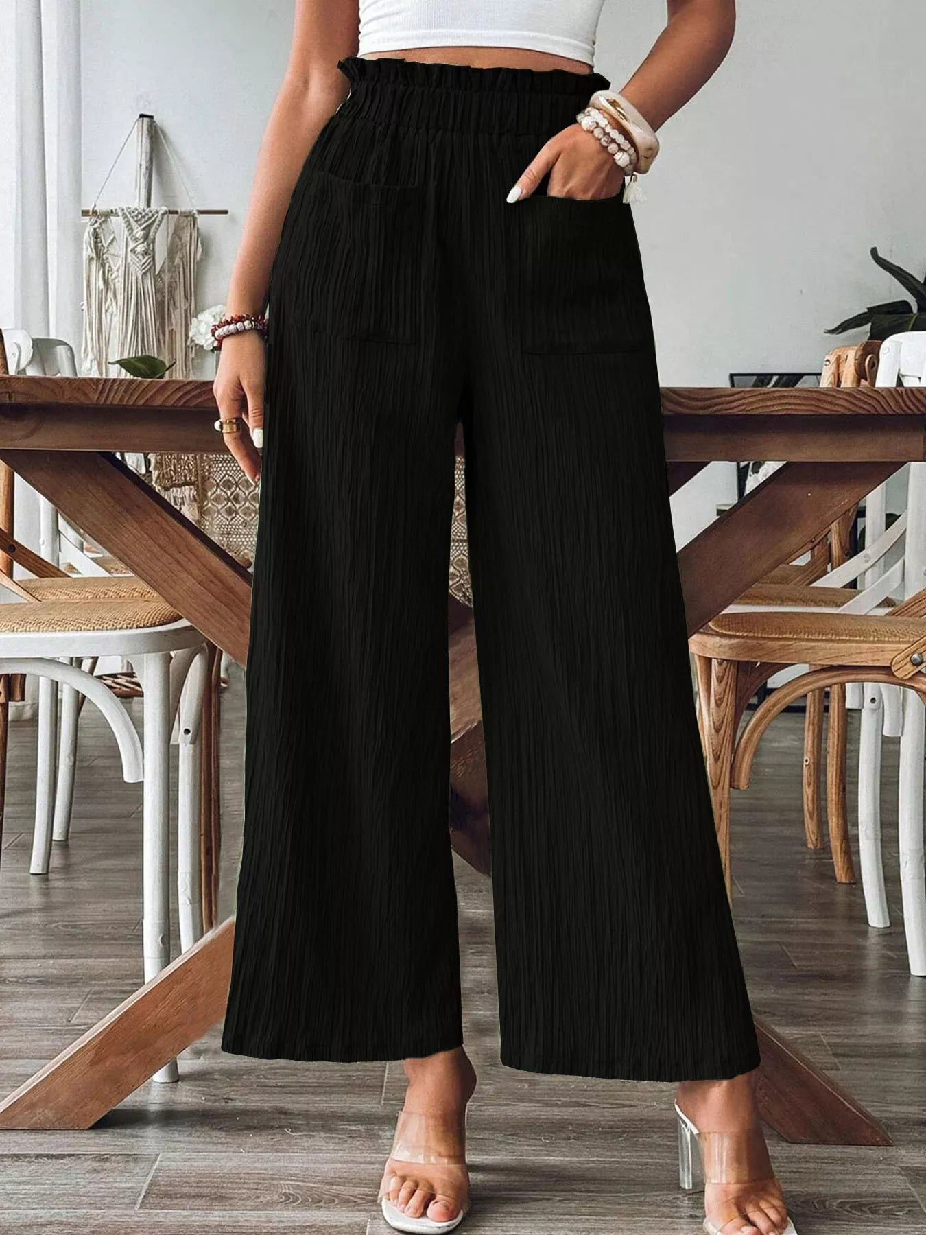 crinkle-textured wide-leg pants with ruched frill waistband and front pockets