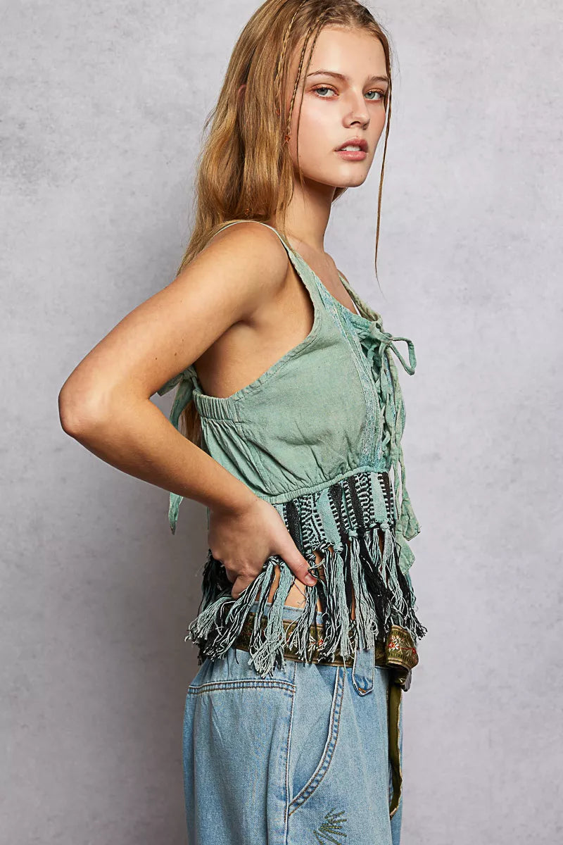 Sage green cotton fringe tank with lace-up front and bohemian trim details