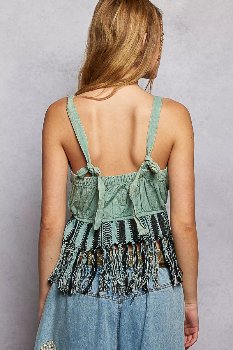 Sage green cotton fringe tank with lace-up front and bohemian trim details