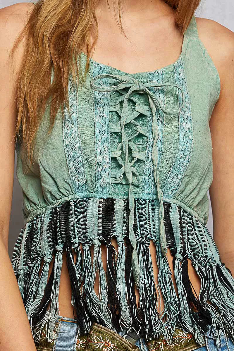Sage green cotton fringe tank with lace-up front and bohemian trim details