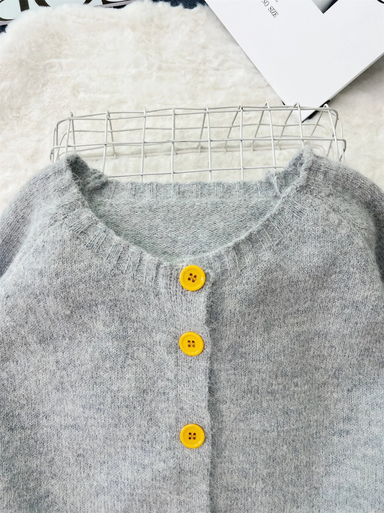 Grey button-up cardigan with playful lemon pattern – Zest & Bloom style from A Whimsical Affair.