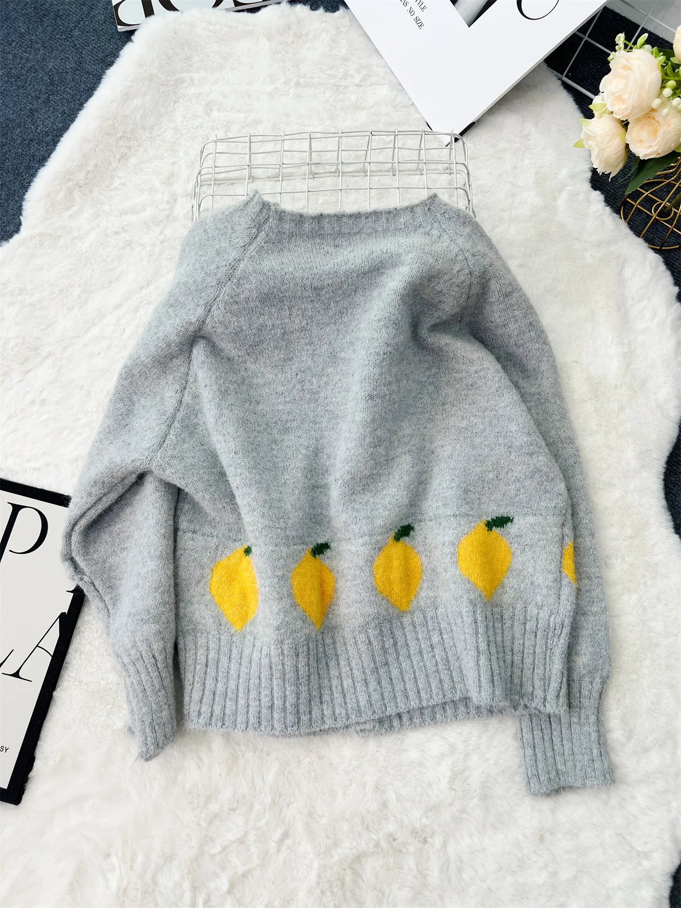 Grey button-up cardigan with playful lemon pattern – Zest & Bloom style from A Whimsical Affair.