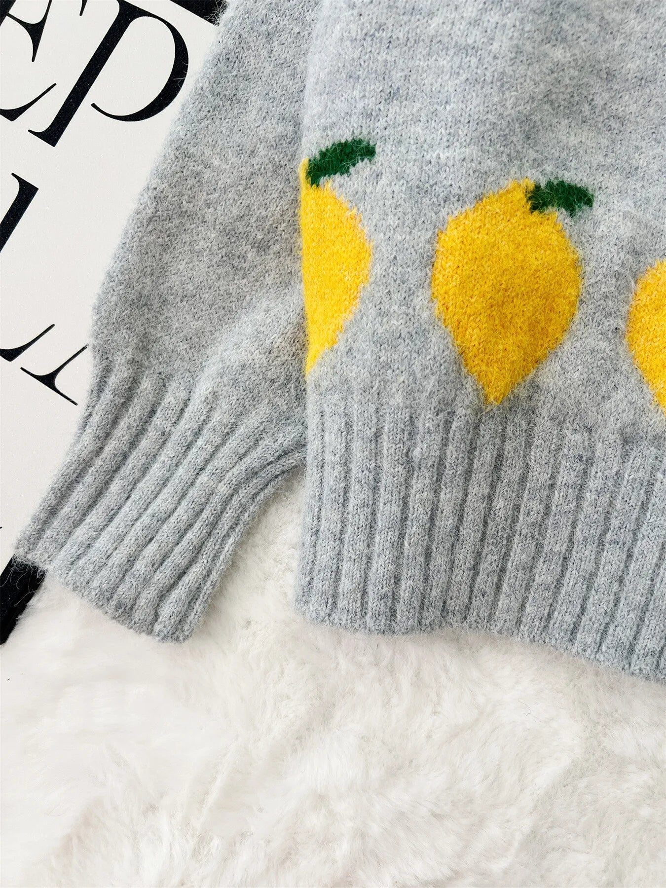 Grey button-up cardigan with playful lemon pattern – Zest & Bloom style from A Whimsical Affair.