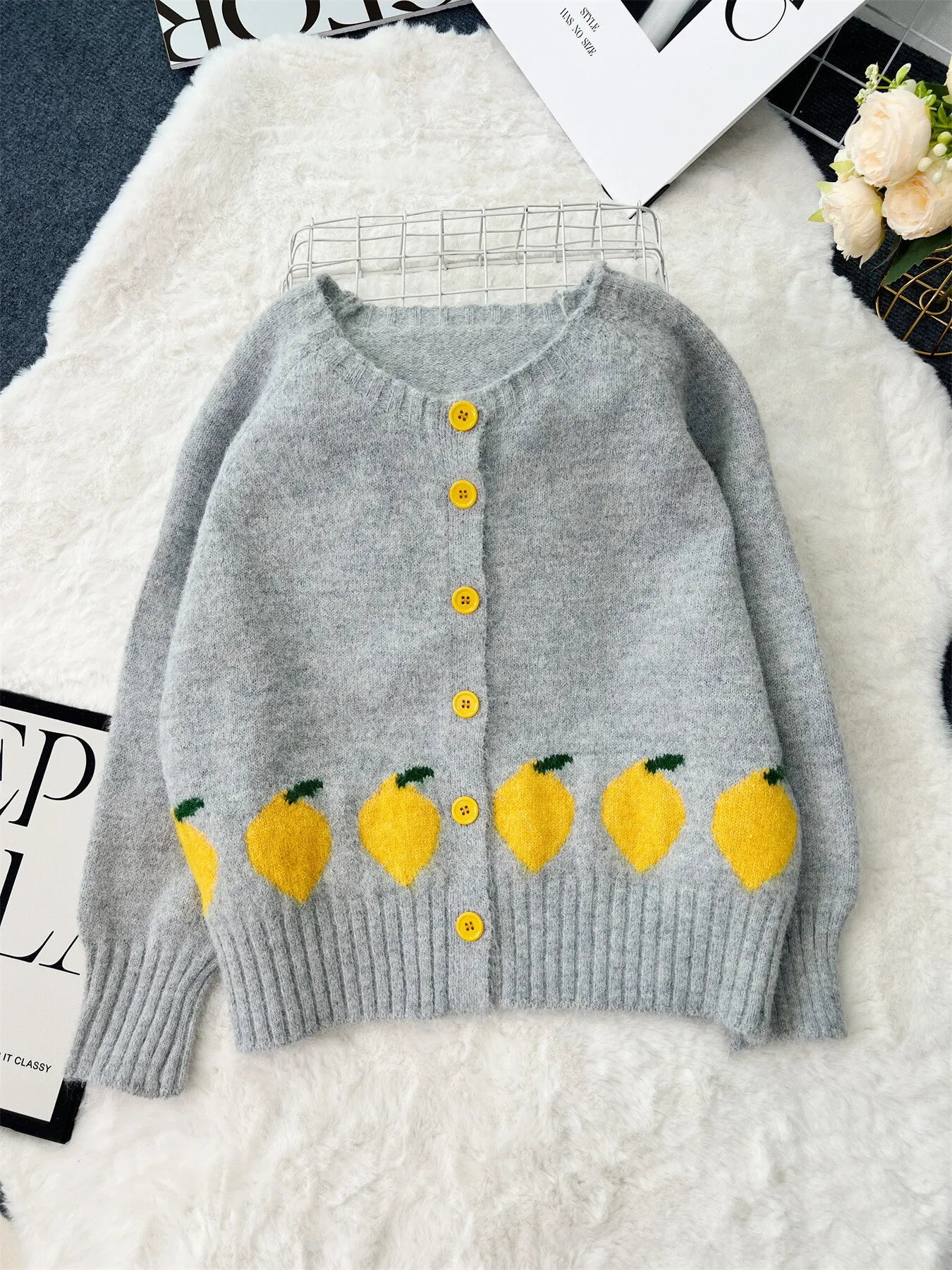 Grey button-up cardigan with playful lemon pattern – Zest & Bloom style from A Whimsical Affair.