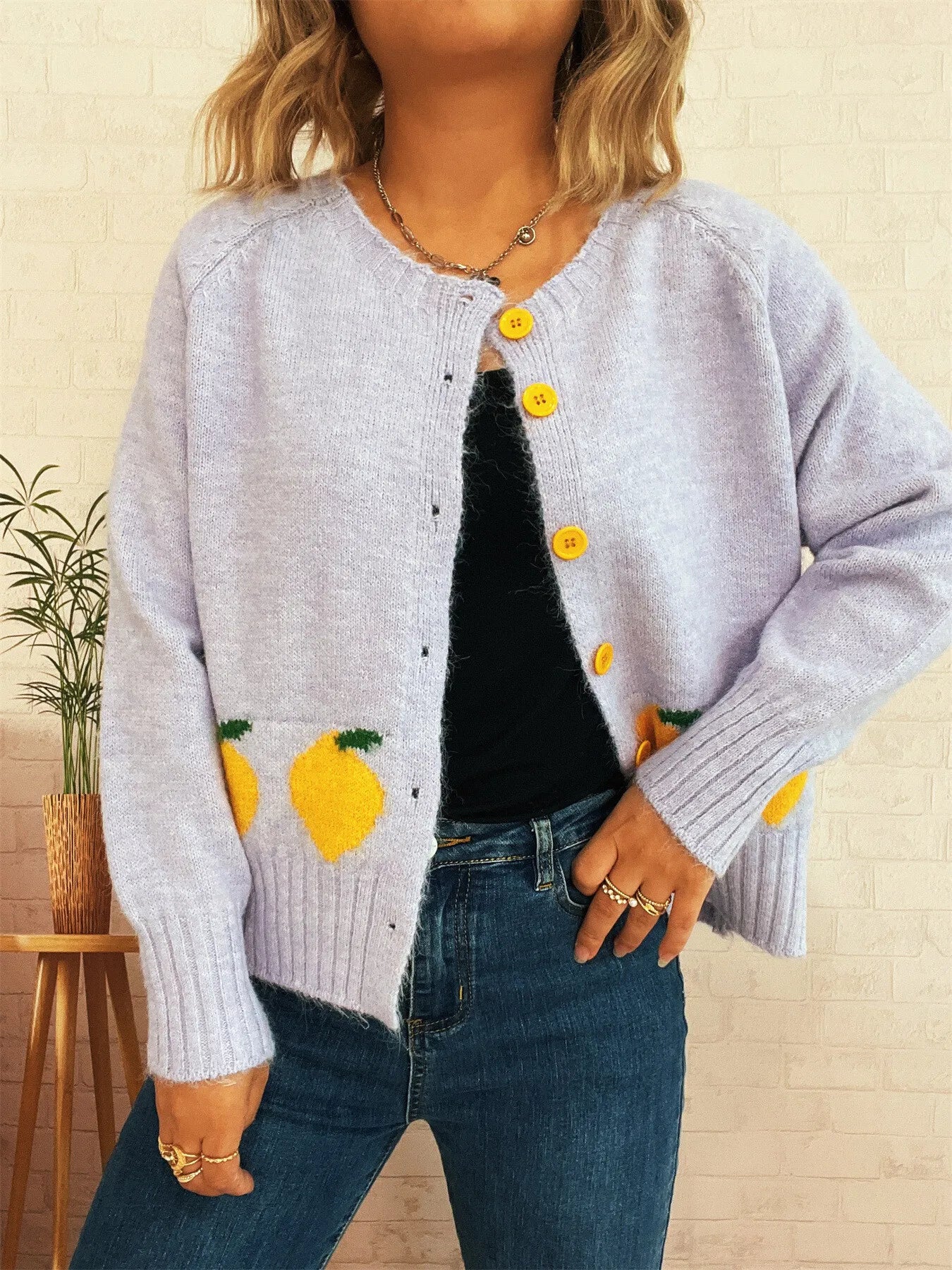 Purple button-up cardigan with playful lemon pattern – Zest & Bloom style from A Whimsical Affair.