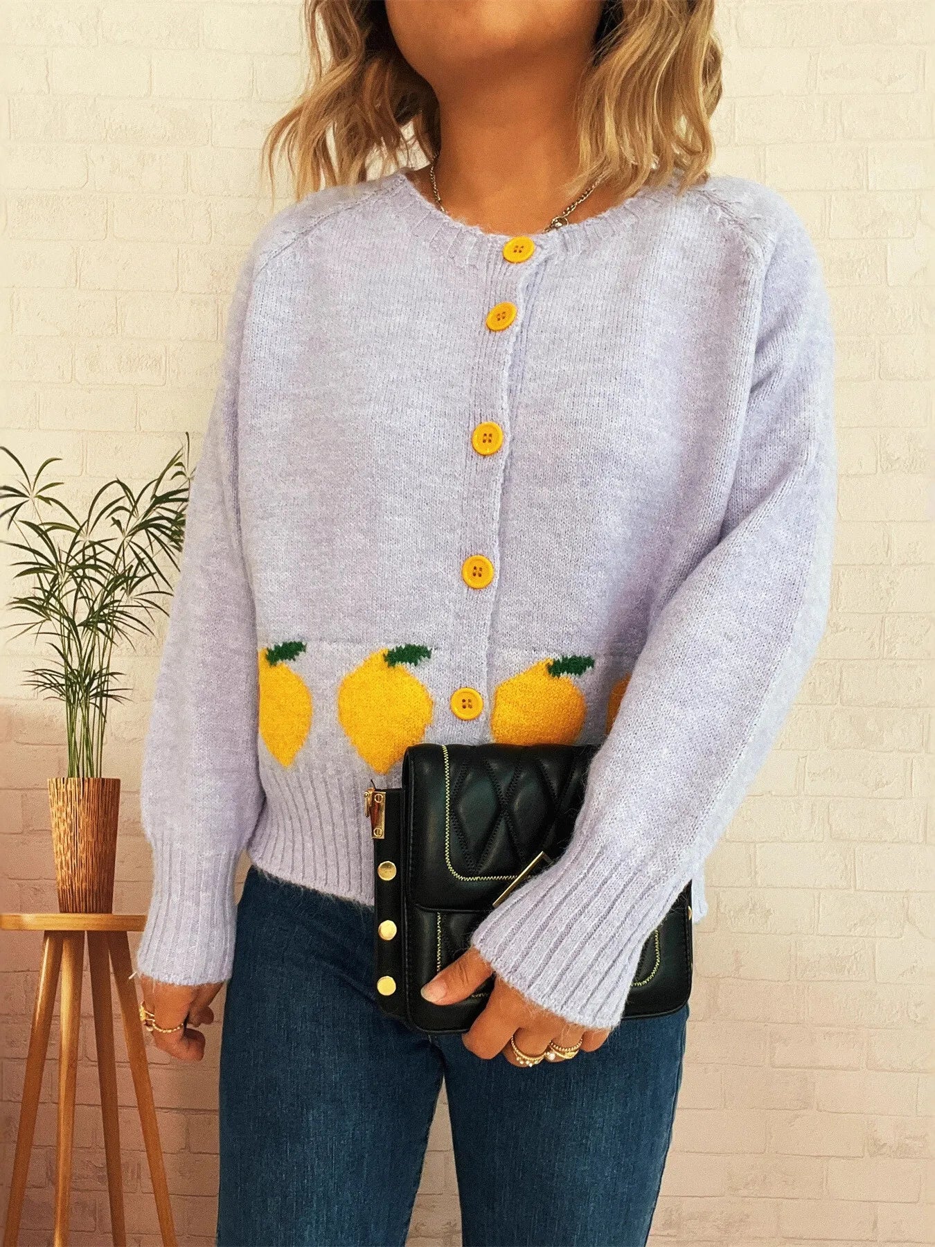 Purple button-up cardigan with playful lemon pattern – Zest & Bloom style from A Whimsical Affair.